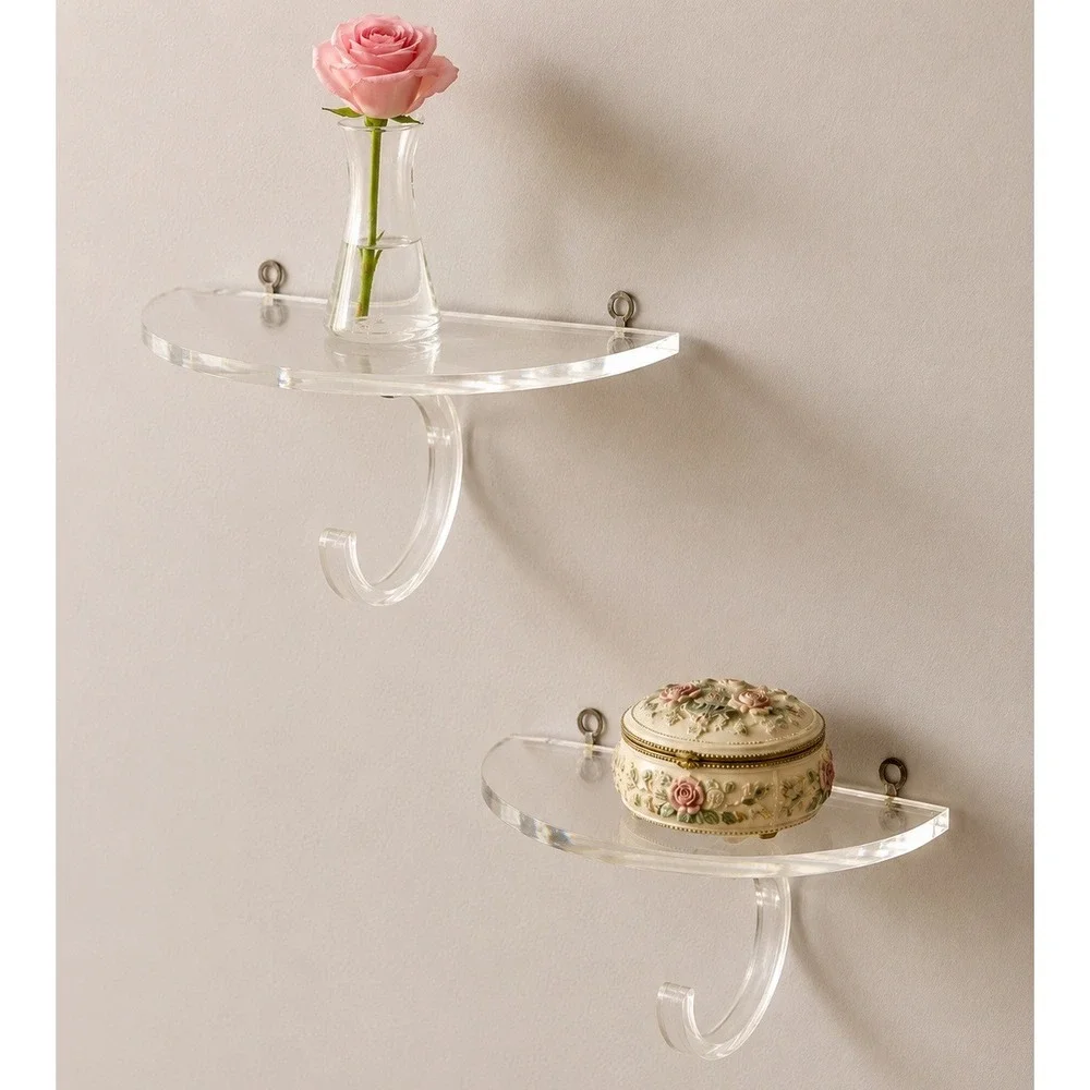 Vtg 1980s Lucite Half Moon Wall Shelf w/ Hook Clear Acrylic Post Modern Décor